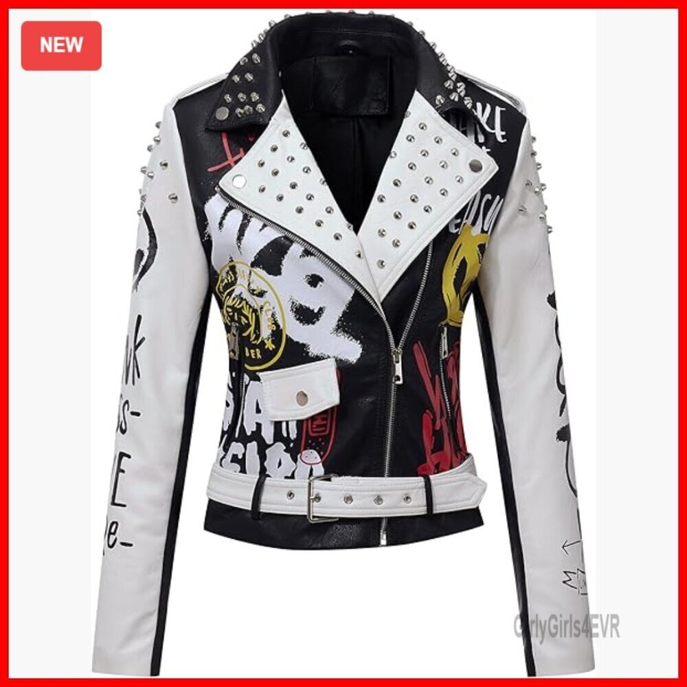 Women's Faux Leather Moto Jacket with Studded Rivets, Belted Hip-Length